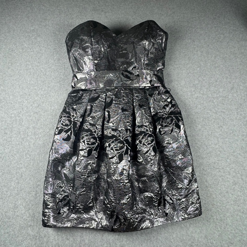 Rubber Ducky Silver Black Floral Brocade Strapless Dress Bow Pockets Juniors L